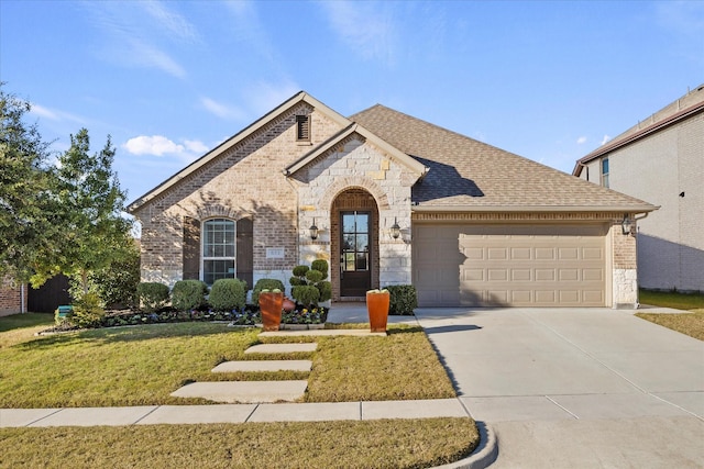 view of front facade featuring a front lawn and a garage