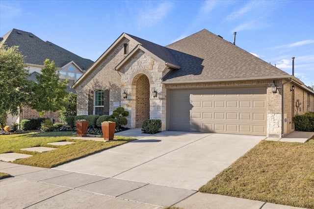 view of front of property featuring a garage and a front yard