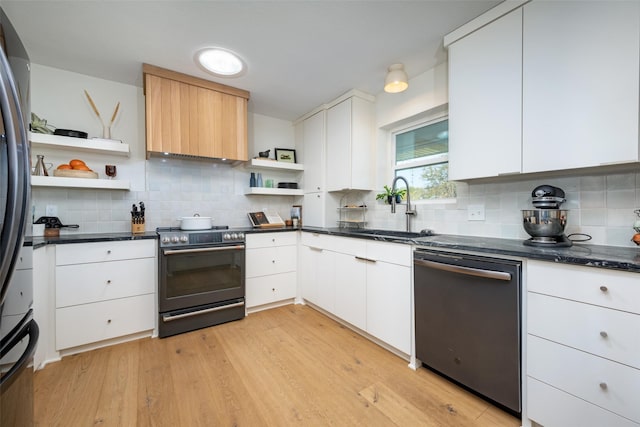 kitchen featuring sink, stainless steel appliances, light hardwood / wood-style flooring, backsplash, and white cabinets