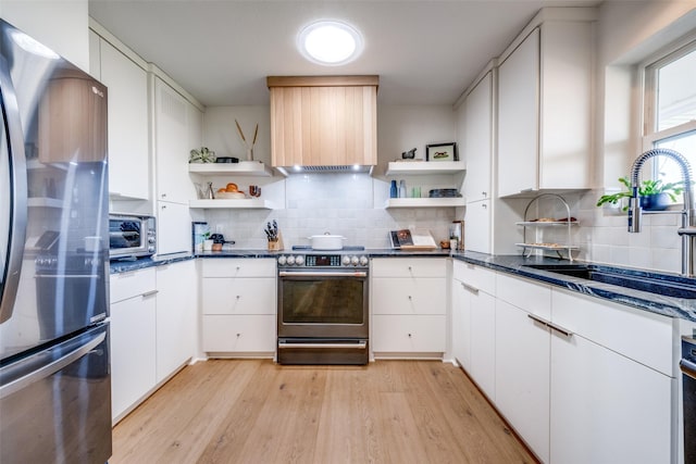 kitchen featuring sink, decorative backsplash, appliances with stainless steel finishes, light hardwood / wood-style floors, and white cabinetry