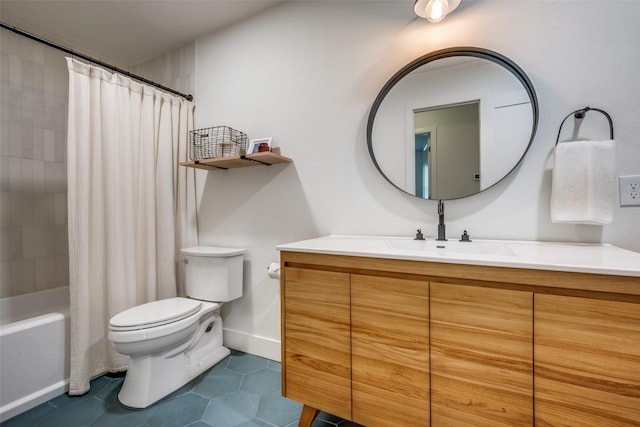 full bathroom with tile patterned floors, shower / bathtub combination with curtain, vanity, and toilet