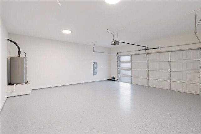 garage with electric panel, gas water heater, and a garage door opener