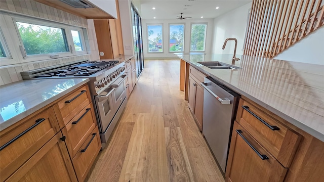 kitchen with sink, stainless steel appliances, a wealth of natural light, and light hardwood / wood-style flooring