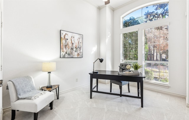 home office with light colored carpet and crown molding