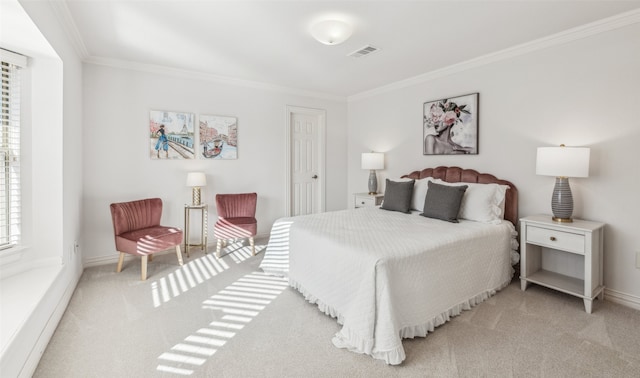 bedroom with light colored carpet and ornamental molding