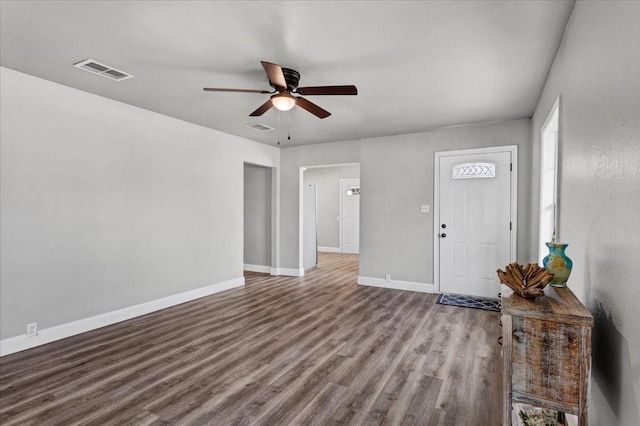 entryway with hardwood / wood-style flooring and ceiling fan