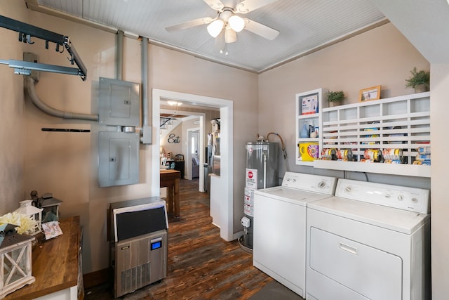 washroom featuring dark wood-type flooring, electric panel, gas water heater, washer and dryer, and ceiling fan