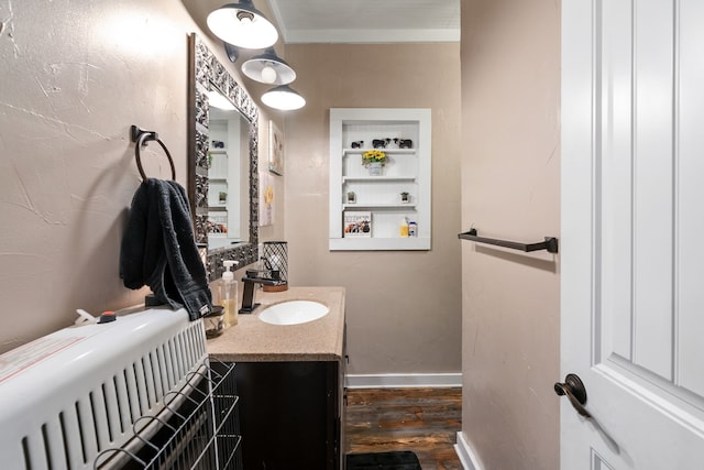 bathroom with hardwood / wood-style floors and vanity