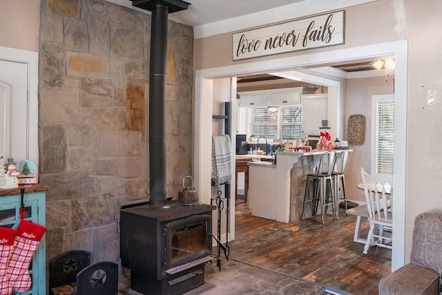 living room with sink, a wood stove, and dark wood-type flooring