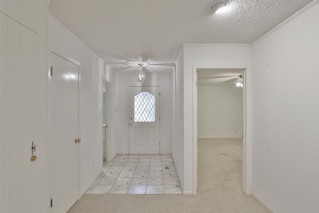 carpeted foyer with a textured ceiling