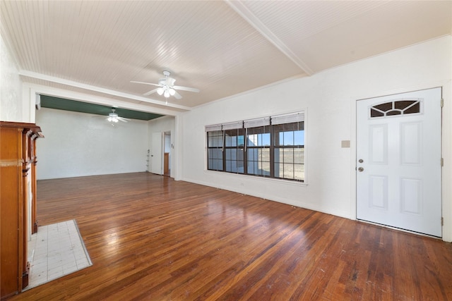 unfurnished living room with dark hardwood / wood-style floors and ceiling fan