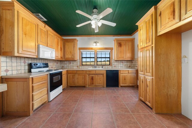 kitchen with decorative backsplash, white appliances, ceiling fan, and ornamental molding