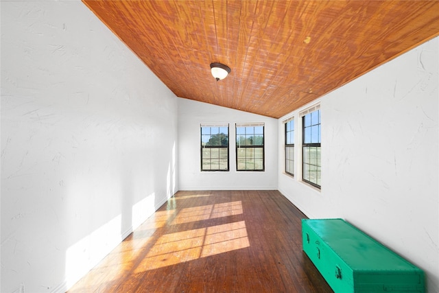 interior space featuring dark wood-type flooring, vaulted ceiling, and wooden ceiling