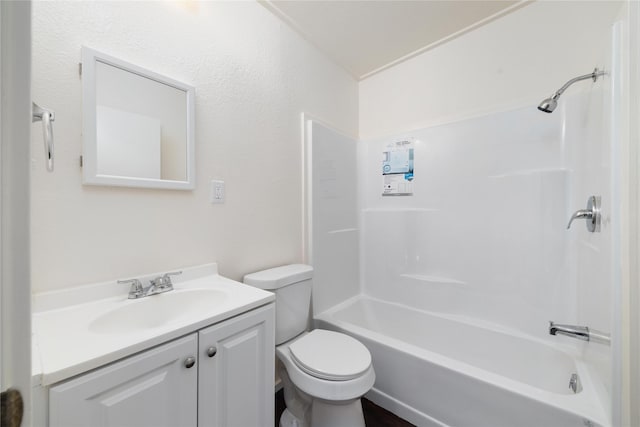 full bathroom with toilet, vanity, and bathing tub / shower combination