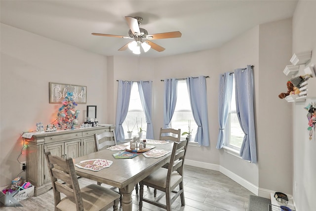 dining area featuring ceiling fan and light hardwood / wood-style floors