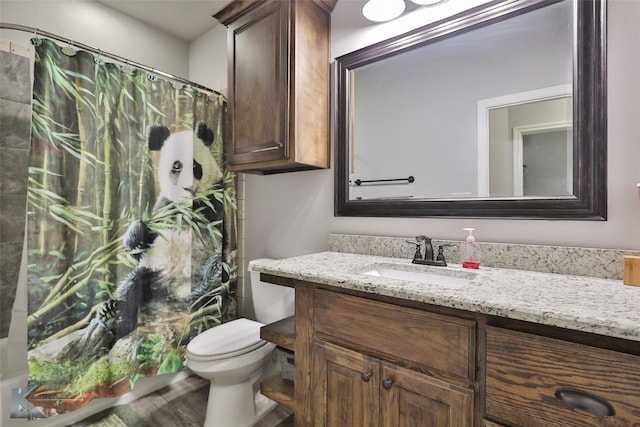 bathroom featuring a shower with curtain, vanity, and toilet