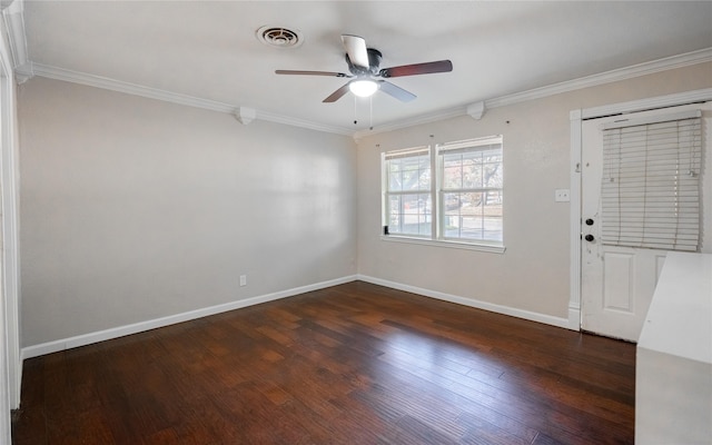 empty room with crown molding, ceiling fan, and dark wood-type flooring