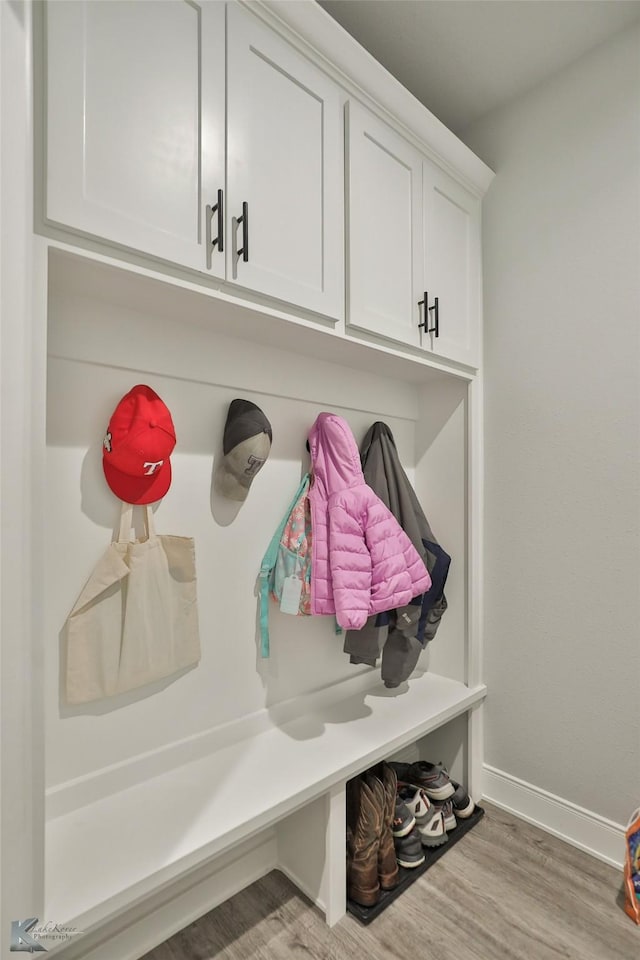 mudroom with light hardwood / wood-style floors