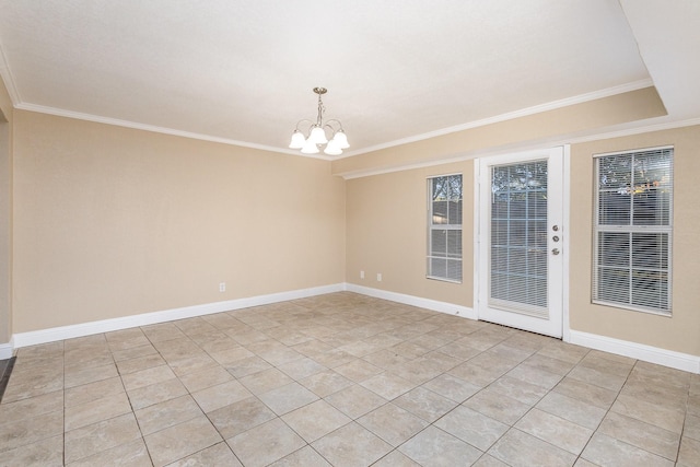 tiled spare room featuring crown molding and an inviting chandelier