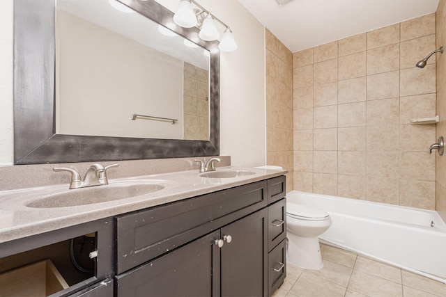 full bathroom featuring vanity, tile patterned flooring, tiled shower / bath, and toilet