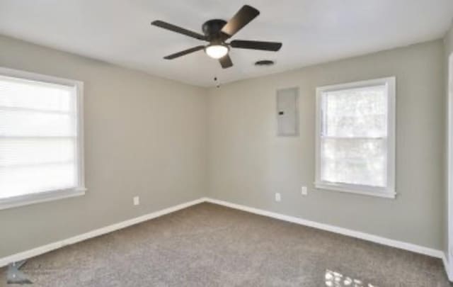 spare room featuring carpet floors, electric panel, and ceiling fan