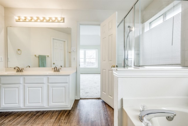 bathroom with a tub, hardwood / wood-style floors, and vanity