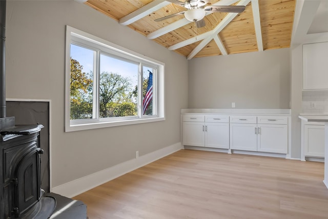 interior space featuring a wood stove, lofted ceiling with beams, ceiling fan, light wood-type flooring, and wood ceiling