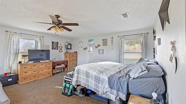 bedroom featuring multiple windows, a textured ceiling, and ceiling fan