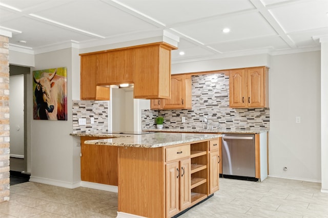 kitchen featuring tasteful backsplash, a center island, dishwasher, and light stone countertops