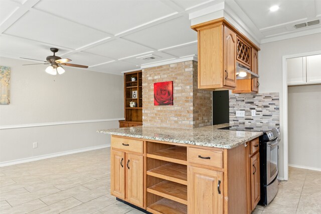 kitchen with tasteful backsplash, ceiling fan, stainless steel electric range oven, and light stone counters