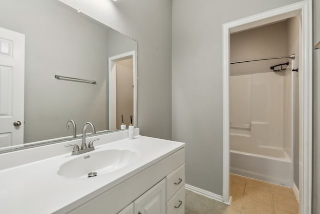 bathroom with shower / bathtub combination, tile patterned floors, and vanity