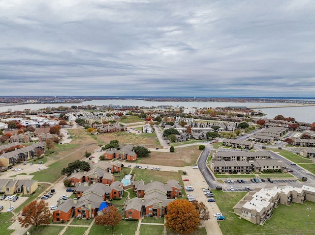 drone / aerial view with a water view