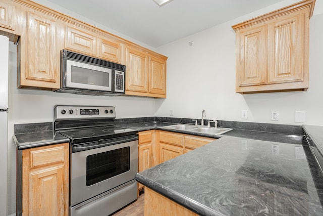 kitchen featuring light hardwood / wood-style floors, sink, stainless steel appliances, and light brown cabinetry