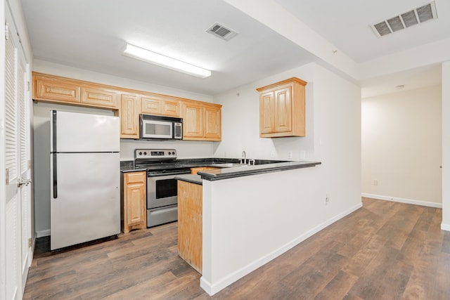 kitchen with kitchen peninsula, stainless steel appliances, light brown cabinetry, and dark wood-type flooring