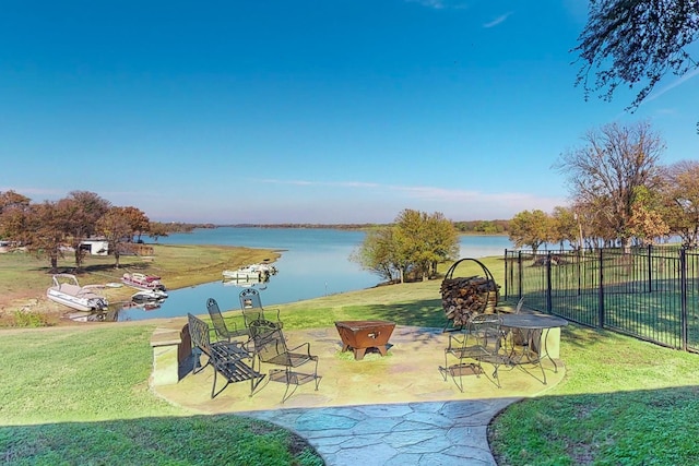 view of patio / terrace featuring a water view