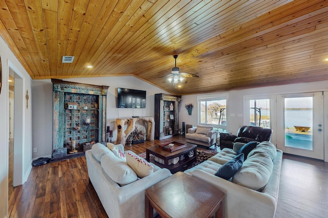 living room featuring lofted ceiling, ceiling fan, wood ceiling, and dark hardwood / wood-style floors