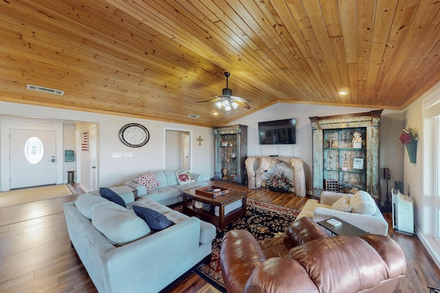 living room featuring ceiling fan, vaulted ceiling, wood ceiling, and hardwood / wood-style flooring