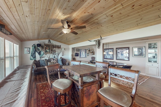 dining space with ceiling fan, vaulted ceiling, dark wood-type flooring, and wooden ceiling