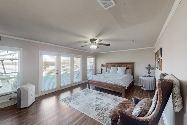 bedroom with ceiling fan, dark hardwood / wood-style floors, crown molding, and access to outside