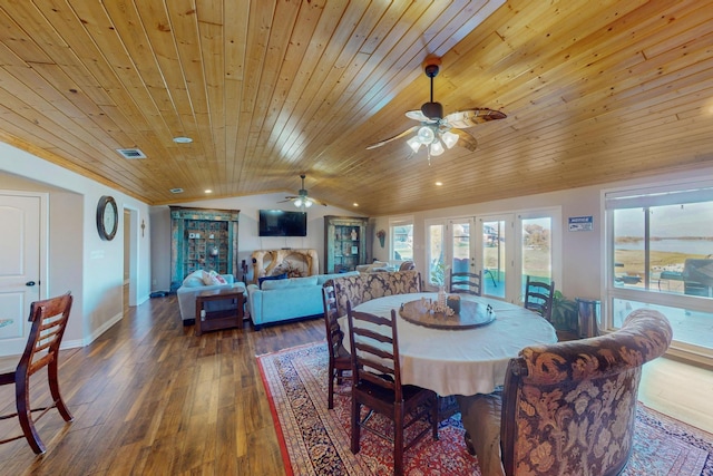 dining area featuring lofted ceiling, ceiling fan, hardwood / wood-style floors, french doors, and wooden ceiling