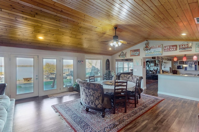 dining room with ceiling fan, wooden ceiling, dark hardwood / wood-style flooring, and vaulted ceiling