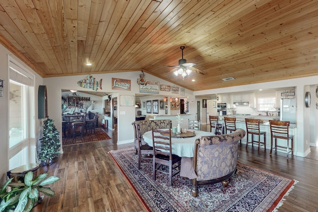 dining room featuring ceiling fan, dark hardwood / wood-style floors, wood ceiling, and vaulted ceiling