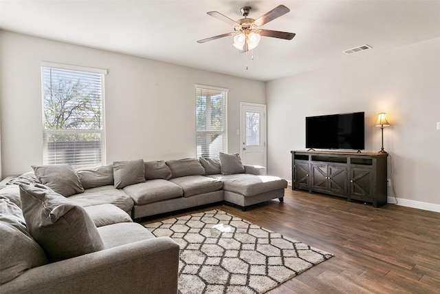 living room with a wealth of natural light, ceiling fan, and dark hardwood / wood-style floors