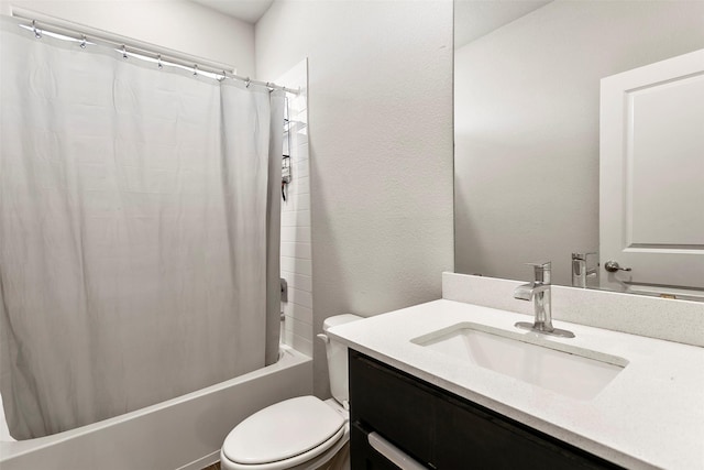 full bathroom with vanity, shower / bathtub combination with curtain, and toilet