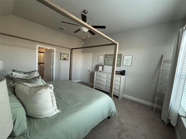 bedroom featuring carpet flooring, ceiling fan, and vaulted ceiling