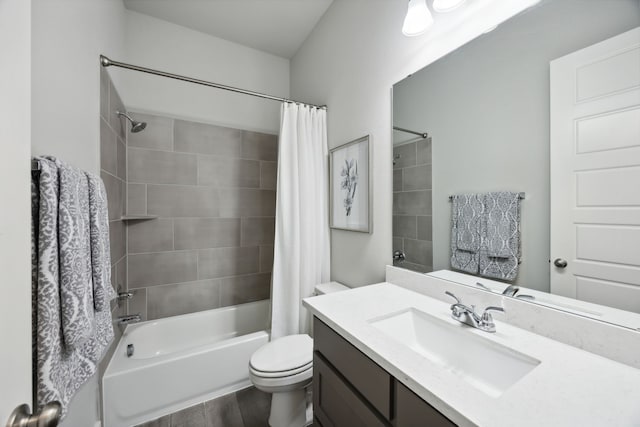 full bathroom featuring hardwood / wood-style floors, vanity, toilet, and shower / bathtub combination with curtain