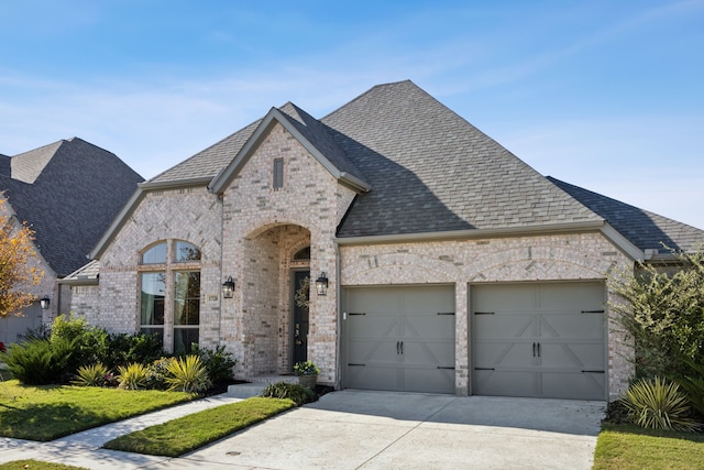 french country inspired facade with a garage