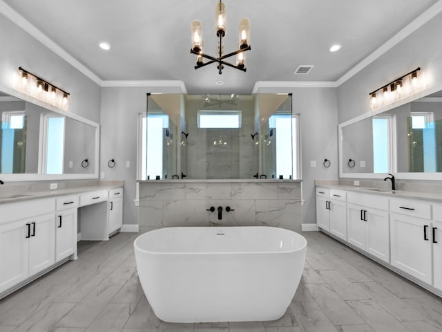 bathroom featuring plus walk in shower, vanity, crown molding, and a notable chandelier