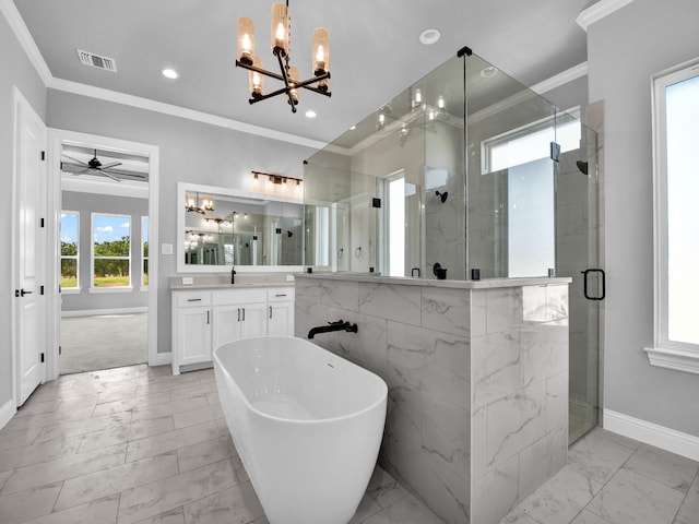 bathroom featuring ceiling fan with notable chandelier, shower with separate bathtub, vanity, tile walls, and ornamental molding