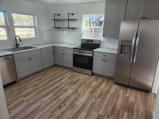 kitchen with gray cabinetry, sink, and appliances with stainless steel finishes